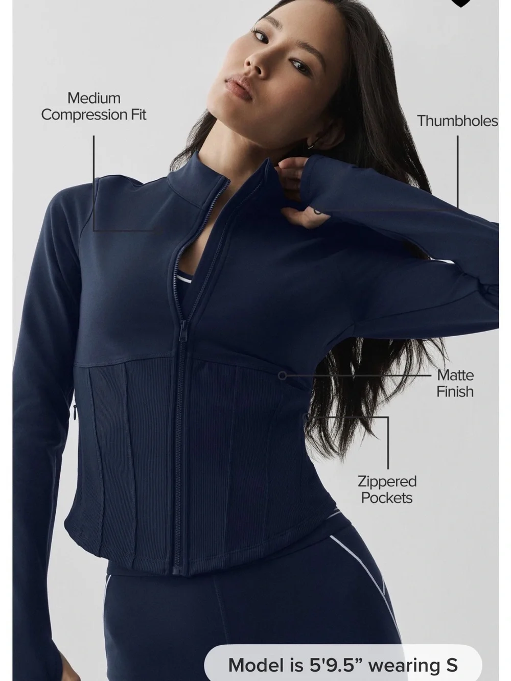 ALO Yoga Navy Zip-Front Compression Jacket with Thumbholes